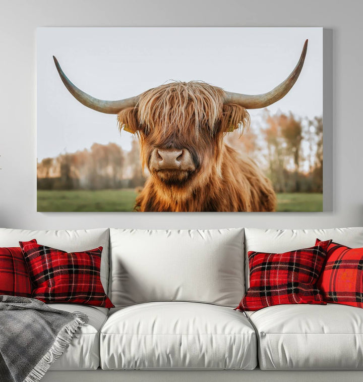 A Highland Cow Animal Scottish Cattle Art Print Farmhouse Wall Art Canvas Print hangs in the living room, adding a touch of rustic farmhouse decor.