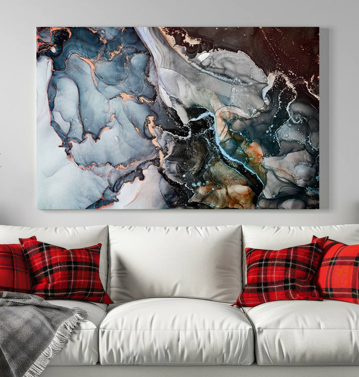 The Mix Color Large Abstract Marble Wall Art Canvas Print is printed on museum-quality canvas. It features a UV-protective coating and is ready to hang, adding elegance to the room.