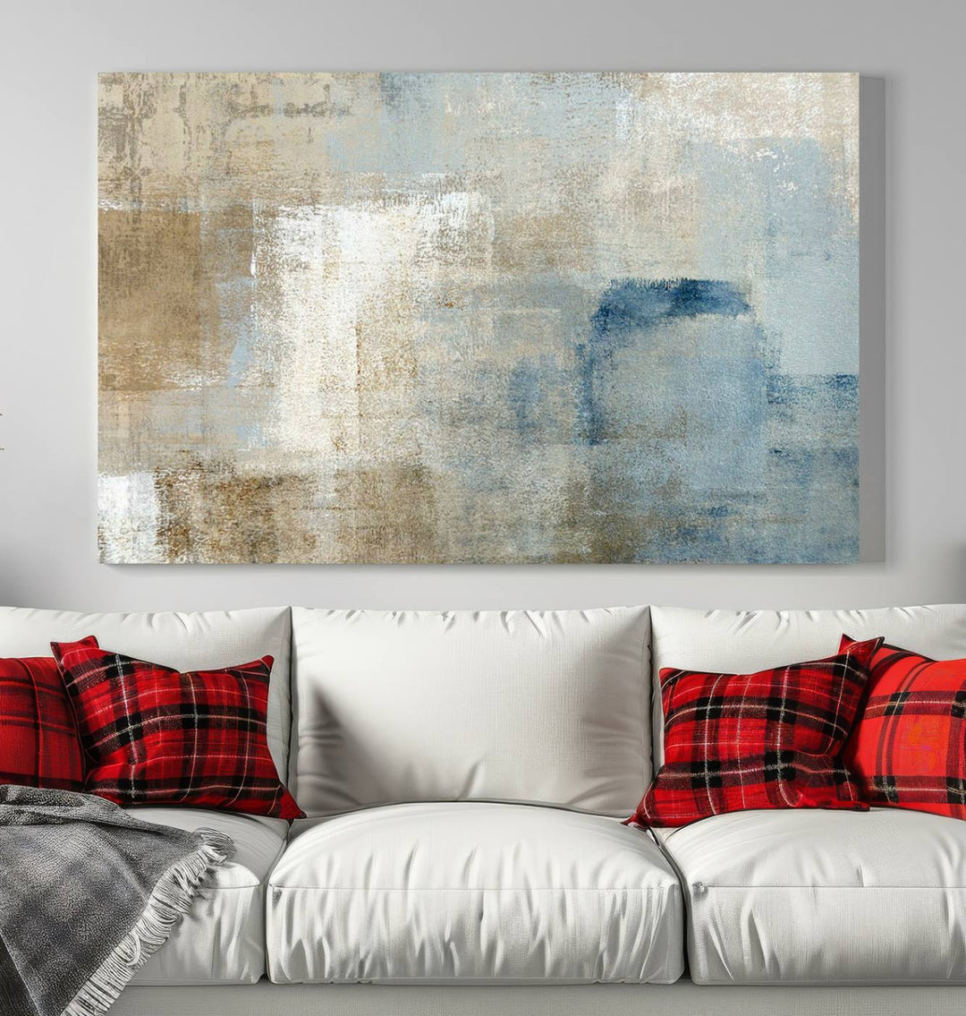 Abstract Blue and Beige Wall Art, Modern Minimalist Canvas Print Set, Giclee Textured Art, Large Multi-Panel Artwork for Living Room