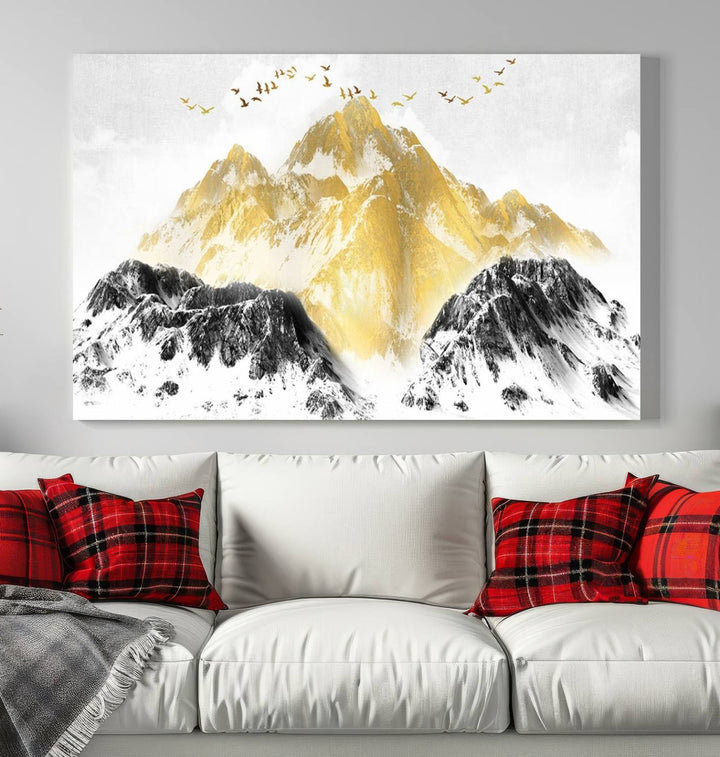 Golden Mountain Triptych Wall Art, Modern Giclee Canvas Print, Nature Landscape Decor for Living Room, Contemporary Gold and Black Wall Art