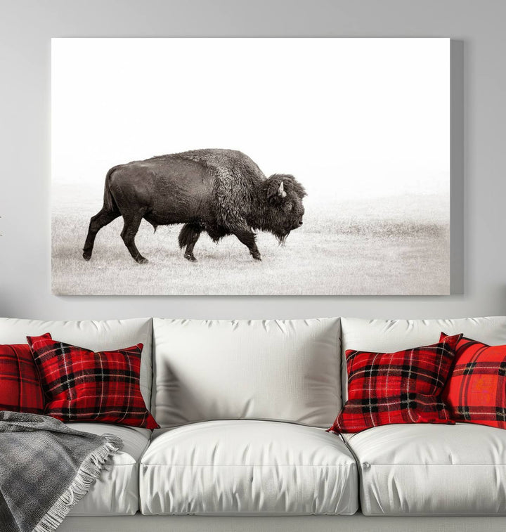 American Bison in Grasslands Triptych Canvas Wall Art – Western-Inspired Nature Decor for Home or Office