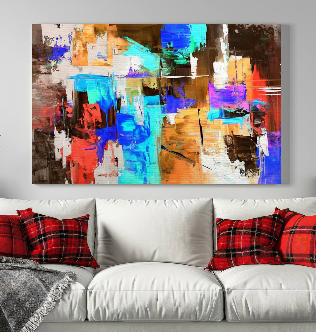 In a modern living room, the "Colorful Abstract Wall Art Canvas Print" serves as a stunning triptych centerpiece on museum-quality canvas, ready to hang. Its UV-protective coating ensures enduring vibrancy.