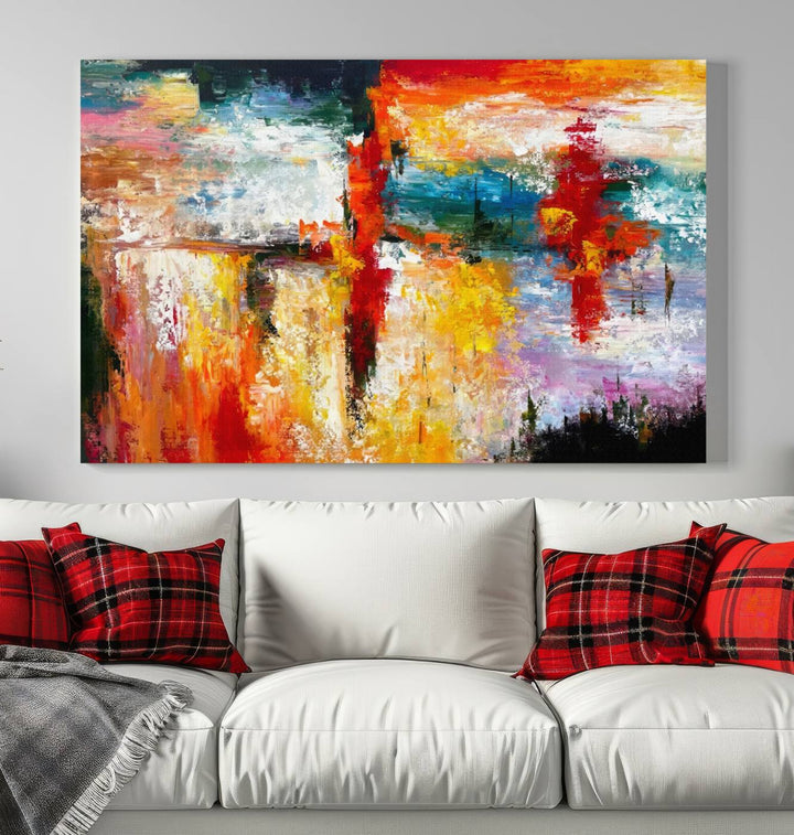 A Colorful Abstract Wall Art Canvas Print graces the wall, making this ready-to-hang masterpiece, complete with UV-protective coating, perfect for elevating any space with its vibrant allure.