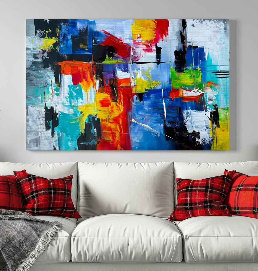 Three Colorful Abstract Wall Art Canvas Prints feature vibrant colors on museum-quality canvas and are finished with a UV-protective coating. Their ready-to-hang design allows for effortless transformation of your space.