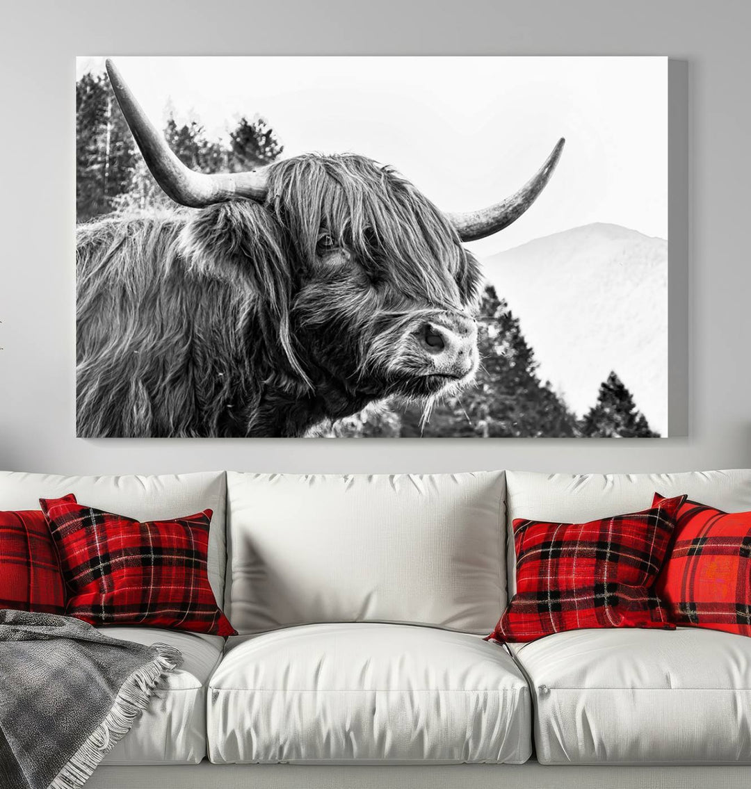 The Scottish Longhorn Wall Art Canvas Print features a highland cow with long horns and shaggy hair displayed on a museum-quality canvas. Equipped with a UV-protective coating for durability, it's ready to hang and enjoy for years to come.