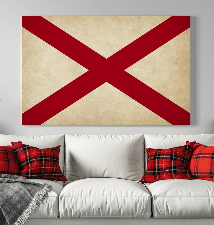 The USA Alabama States Flag Wall Art, featuring a red diagonal cross on a cream background, is elegantly displayed on museum-quality canvas with a UV-protective coating.