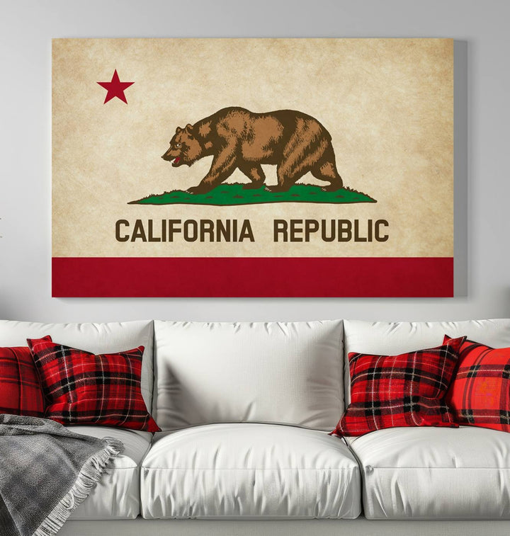 The Calinia States Flag Wall Art Canvas Print, featuring a bear and star design reminiscent of the California Republic flag, is crafted on museum-quality polycotton canvas with a UV-protective coating and is proudly made in the USA.