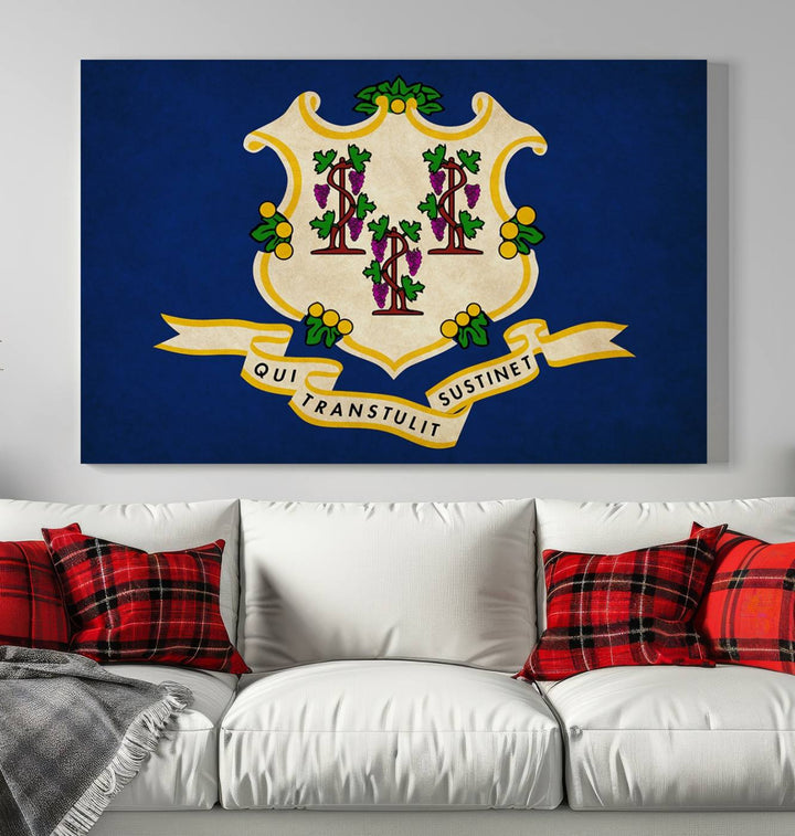 A "Size Connecticut States Flag Wall Art Canvas Print" hangs on the wall, its vibrancy preserved by a UV-protective coating.