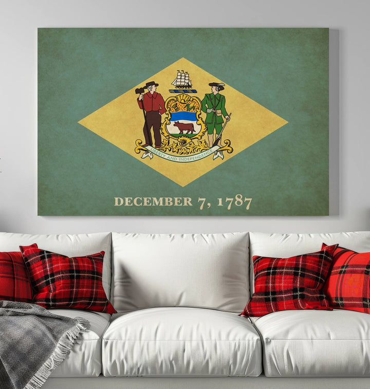 The Delaware States Flag Wall Art Canvas Print, featuring museum-quality material and a UV-protective coating, hangs elegantly, ready to be admired.