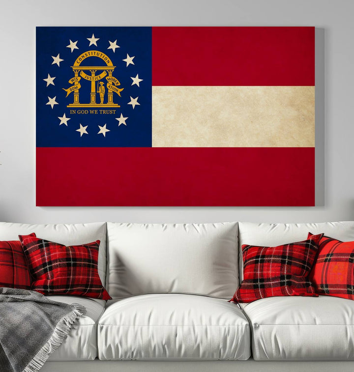 The Georgia States Flag Wall Art Canvas Print, coated with UV protection to preserve its vibrant colors, hangs on the wall.