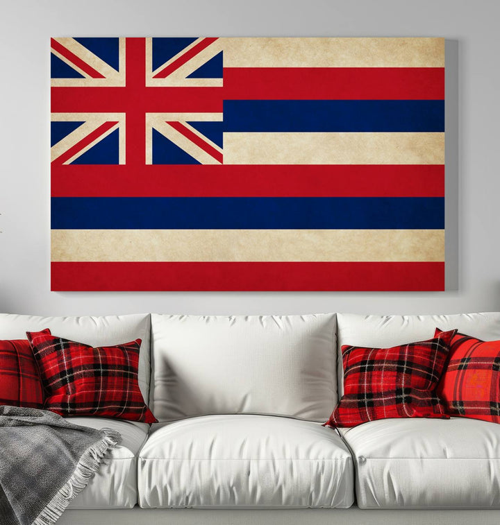 A stunning piece titled "Hawaii USA States Flag Wall Art Canvas Print" adorns the wall. This gallery-wrapped artwork is printed on museum-quality canvas and features a UV-protective coating, ensuring its vibrant colors remain timelessly beautiful.