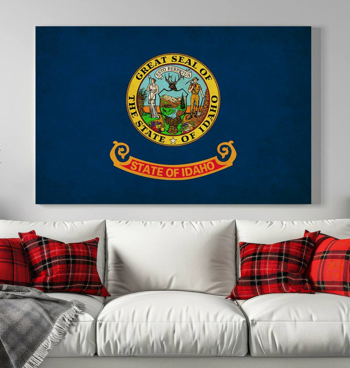 The Idaho USA States Flag Wall Art Canvas Print, featuring a UV-protective coating for lasting vibrancy, is ready to hang.