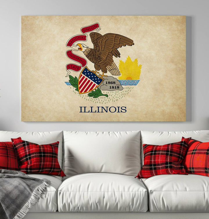 The Illinois State Flag Wall Art Canvas Print, crafted on museum-quality canvas with a UV-protective coating, is displayed prominently.