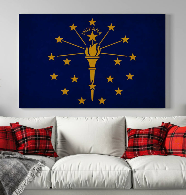 The Indiana States Flag Wall Art Canvas Print, featuring museum-quality canvas with a UV-protective coating, adorns the wall and brings an elegant and charming touch to your living space. Ready to hang, this piece becomes a standout feature in any room.