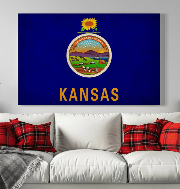 The "Kansas USA States Flag Wall Art Canvas Print" is prominently displayed.