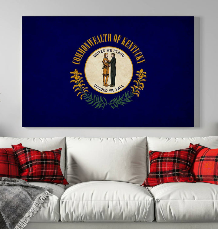 A museum-quality canvas of the Kentucky State Flag Wall Art graces the wall, featuring a UV-protective coating to maintain its vivid colors. Benefit from free shipping on this impressive home decor piece.