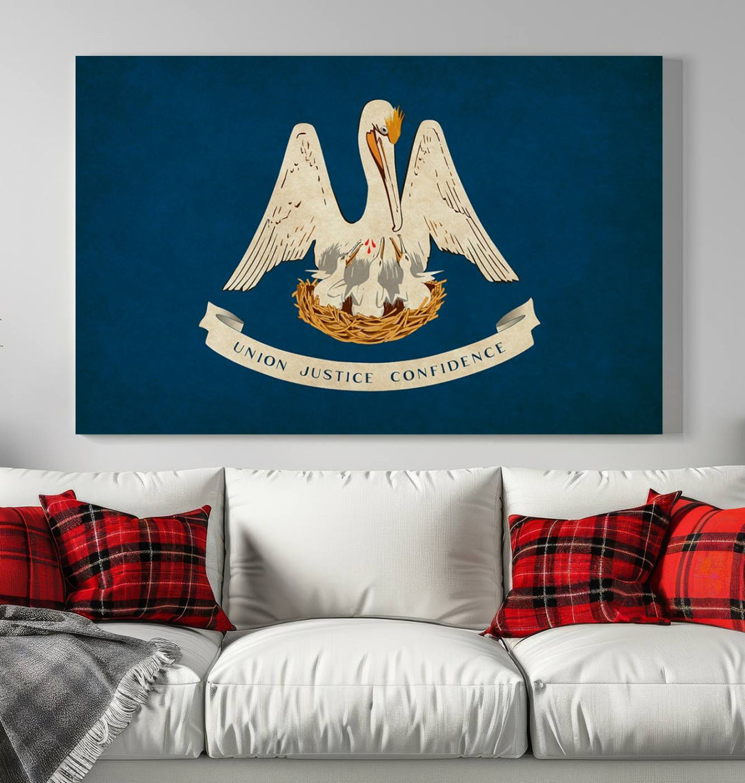 The Louisiana States Flag Wall Art showcases a pelican nurturing its young, printed on museum-quality canvas with a UV-protective coating. The words "Union Justice Confidence" gracefully hover above, making it a ready-to-hang masterpiece for your space.