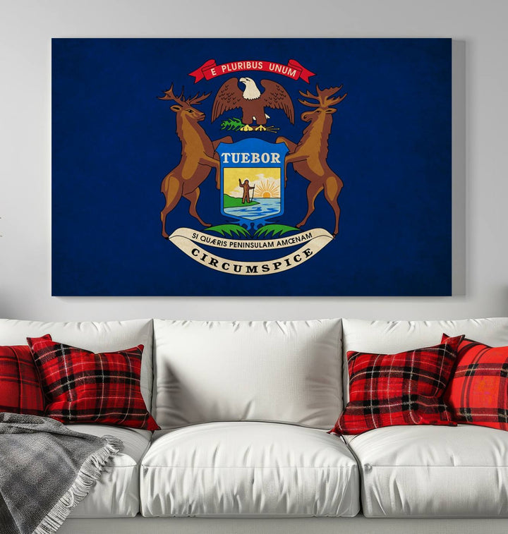 A piece of Michigan State Flag Wall Art on museum-quality canvas features a UV-protective coating to maintain its vibrant colors.