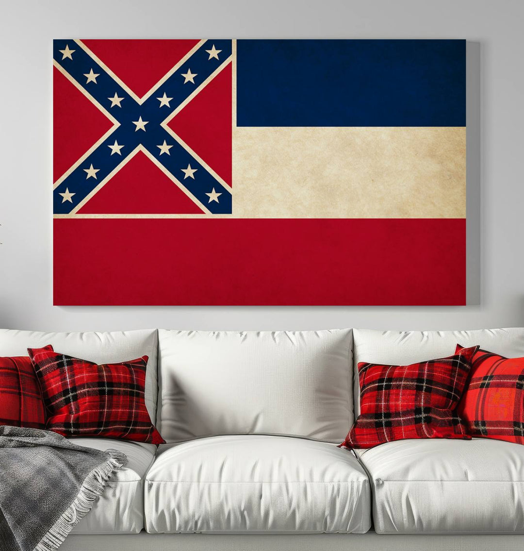 A large Mississippi State Flag Wall Art Canvas Print is displayed. This museum-quality artwork is professionally hand-assembled and finished with a UV-protective coating to ensure lasting vibrancy.