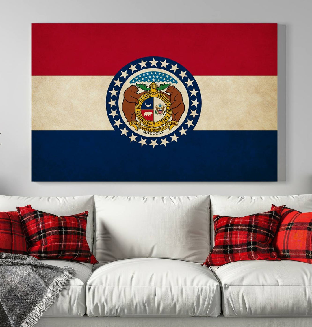 A Missouri State Flag Wall Art Canvas Print hangs on the wall.