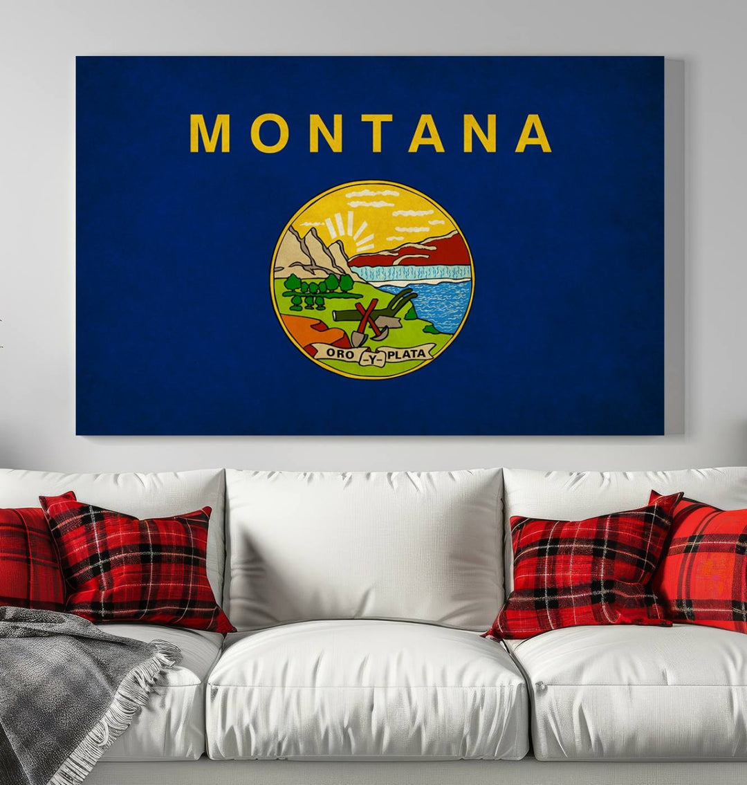 The Montana States Flag Wall Art Canvas Print is displayed on a wall. It is printed on museum-quality canvas, ready to hang, and includes a UV-protective coating to maintain its vibrant colors.