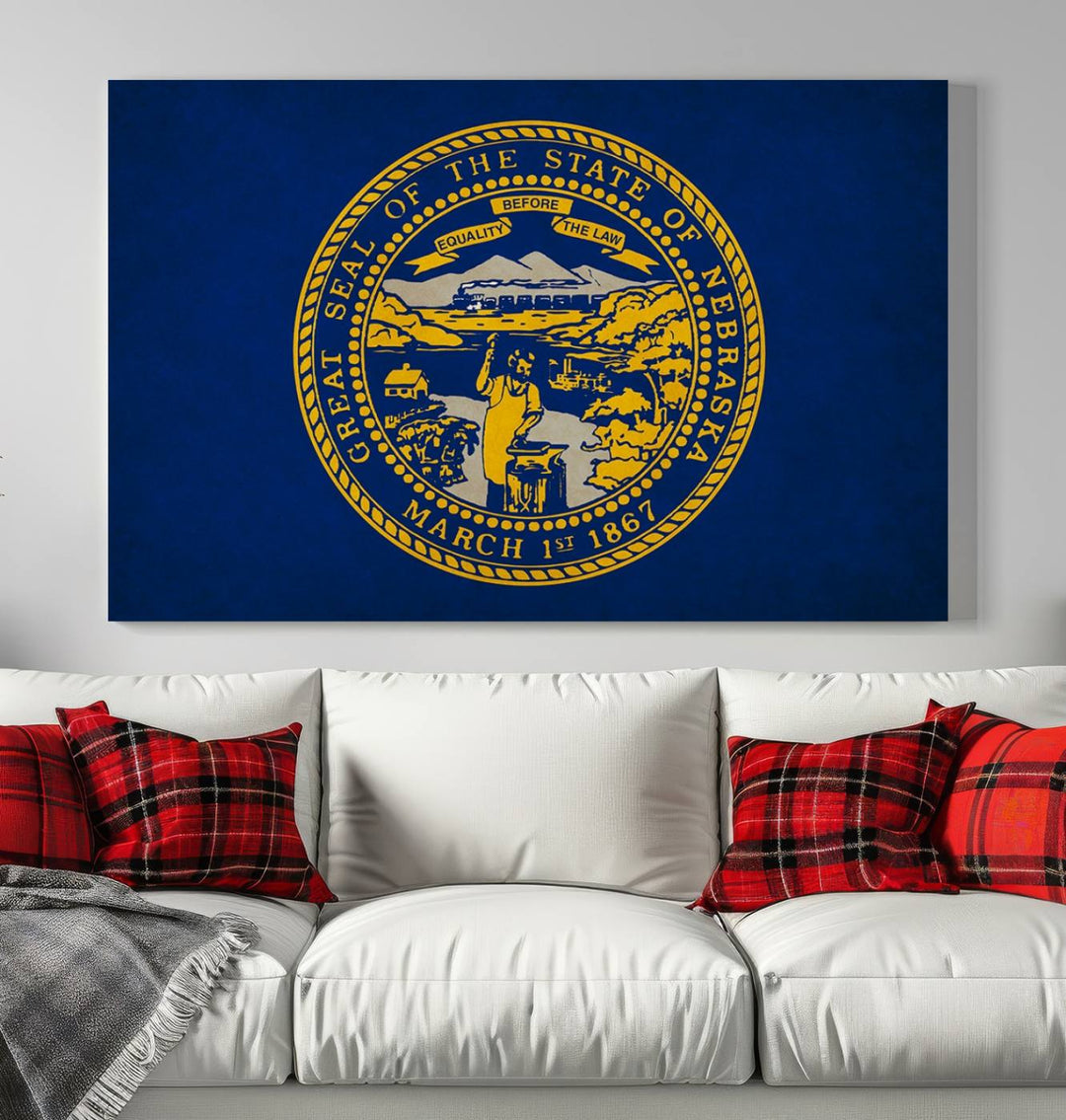 The "USA Nebraska States Flag Wall Art Canvas Print" features the Nebraska state seal on a blue background. It is printed on museum-quality canvas with a UV-protective coating and comes ready to hang.