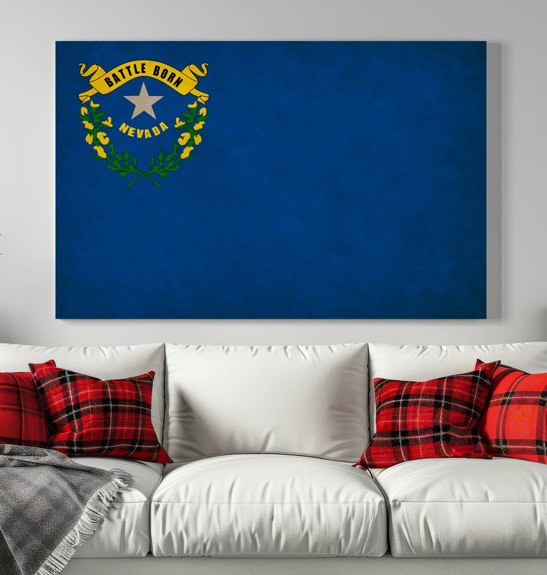 A Nevada States Flag Wall Art Canvas Print, featuring a UV-protective coating to ensure lasting vibrancy, adorns the wall.