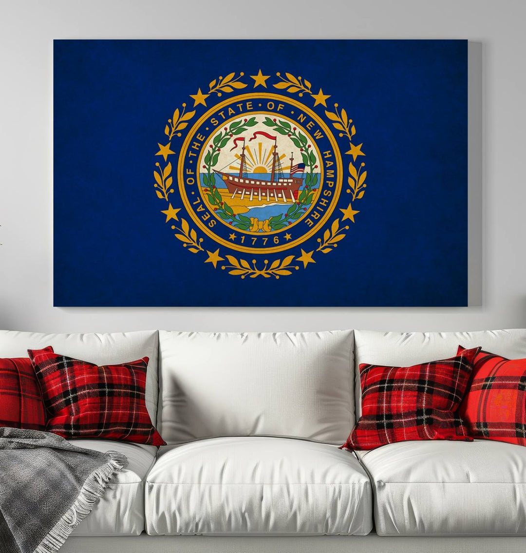 A stunning New Hampshire States Flag Wall Art Canvas Print, complete with UV-protective coating, hangs prominently on the wall.