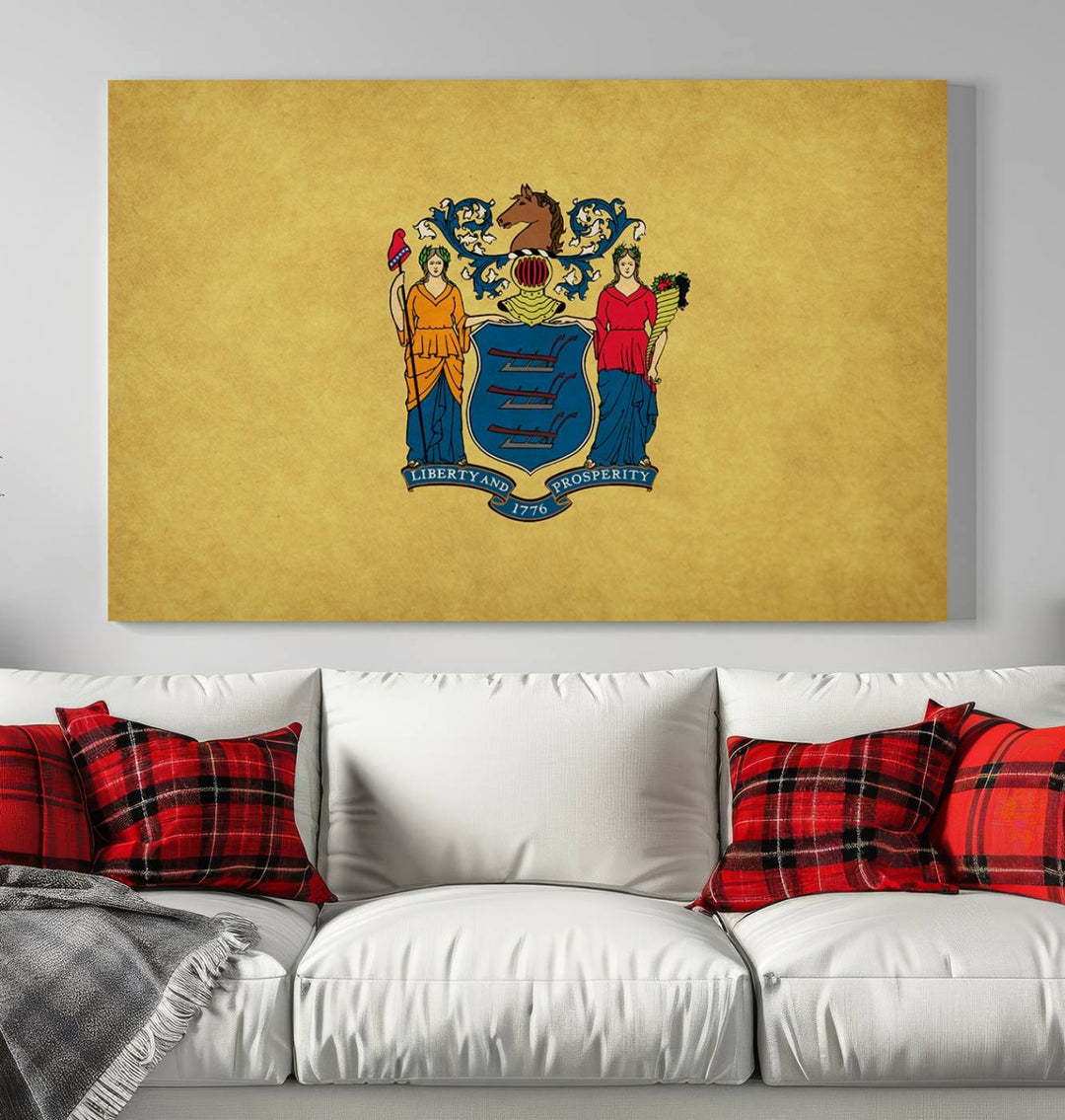 The New Jersey States Flag Wall Art Canvas Print is the centerpiece, featuring museum-quality canvas with a UV-protective coating.