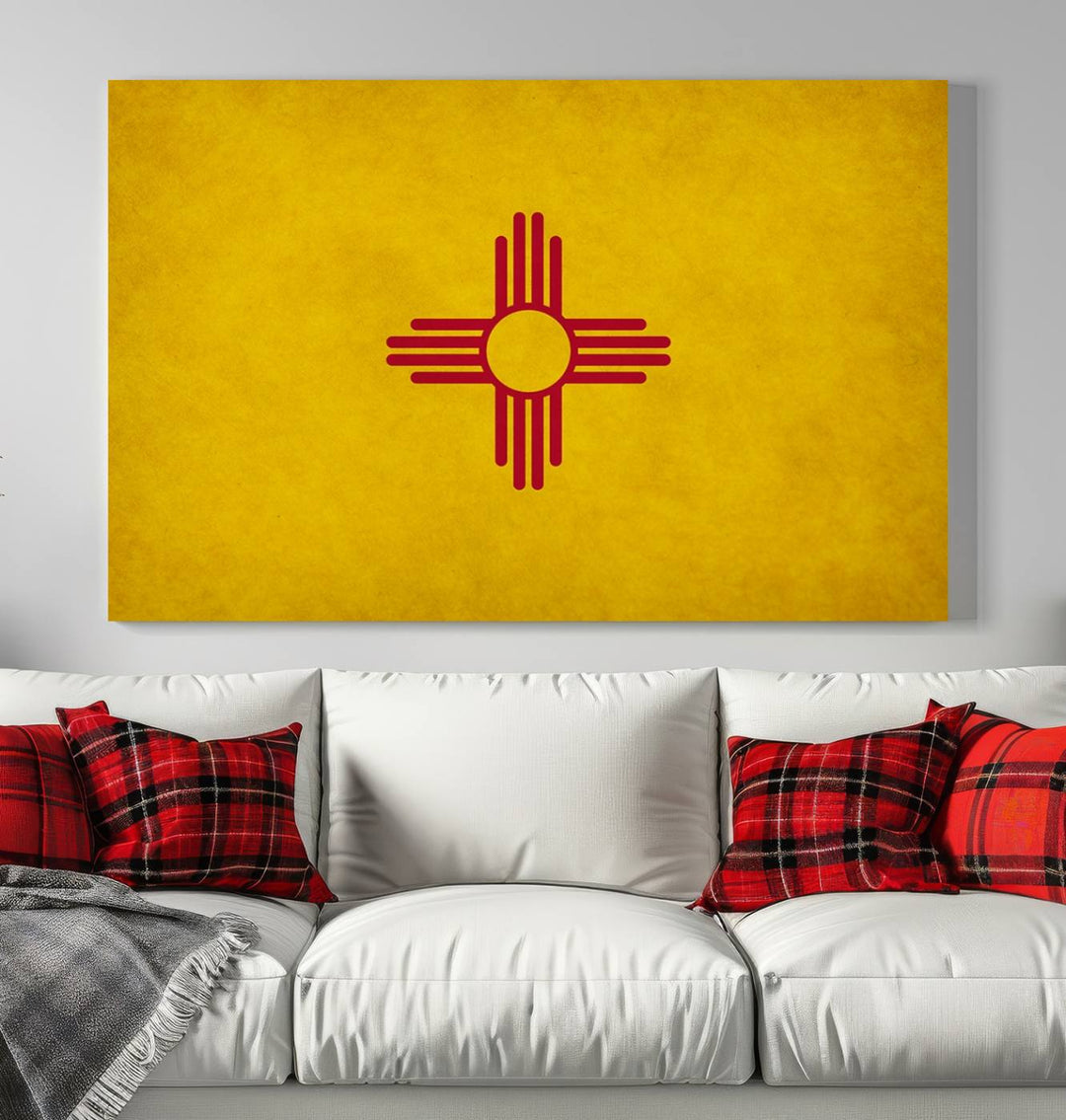 A New Mexico States Flag Wall Art Canvas Print is displayed. Made on museum-quality canvas with a UV-protective coating, this ready-to-hang piece introduces cultural charm to your space.