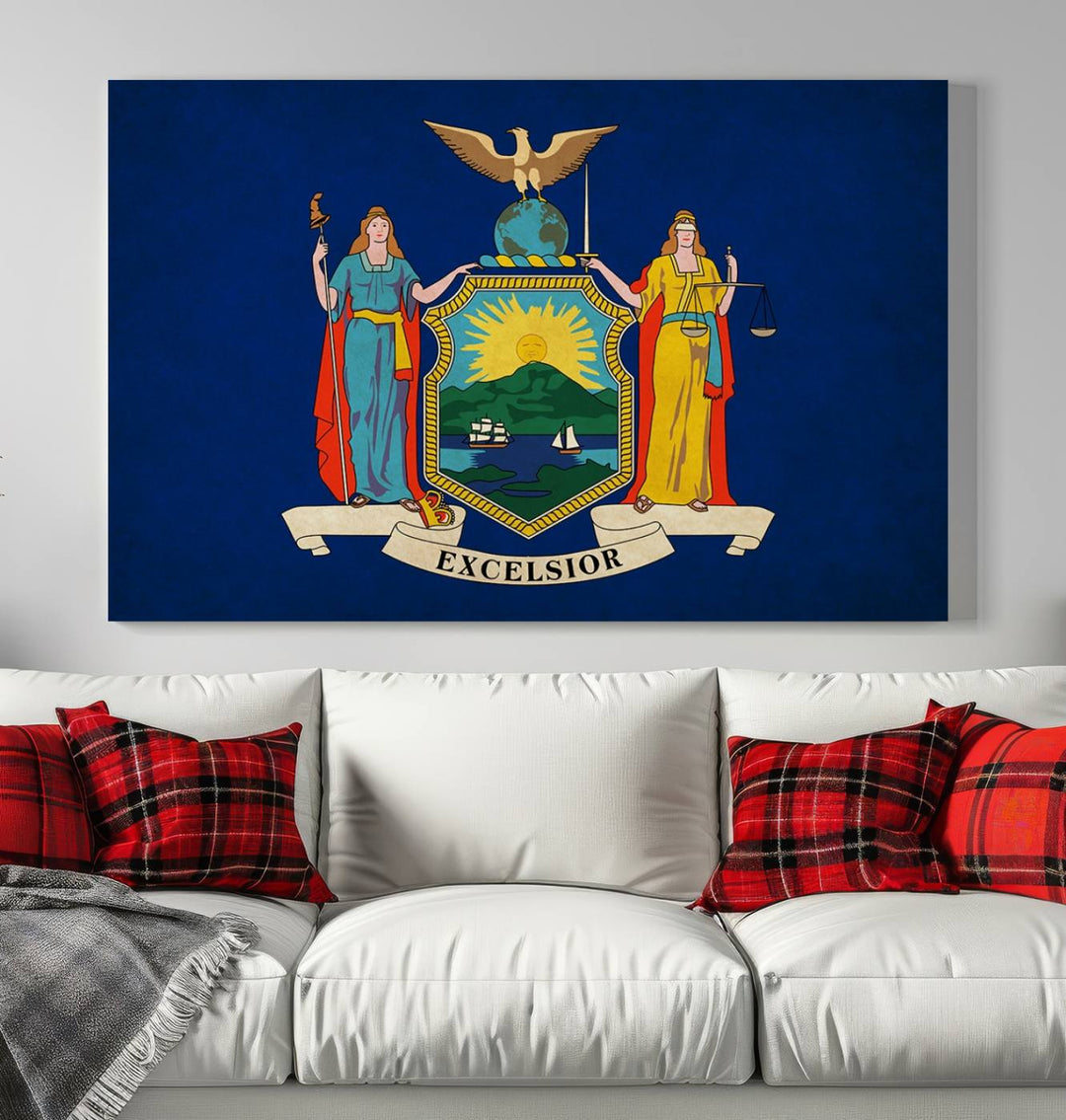 A New York States Flag Wall Art Canvas Print with the Excelsior motto is displayed on a blue wall. This canvas print is of museum quality, ensuring vibrant colors and durability.