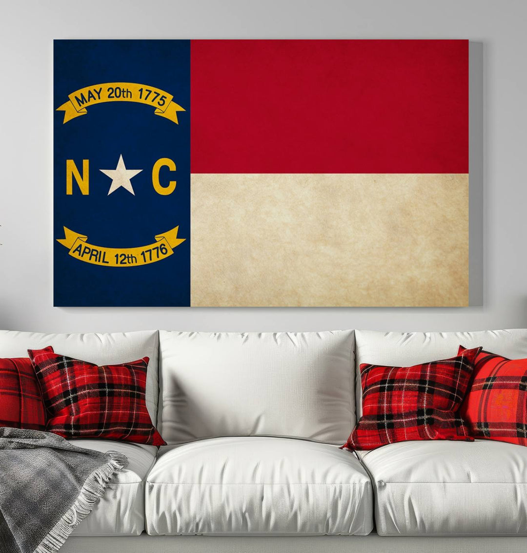 A museum-quality North Carolina State Flag Wall Art Canvas Print graces the wall, adding charm and character to any living space. Enjoy free shipping on this timeless piece.