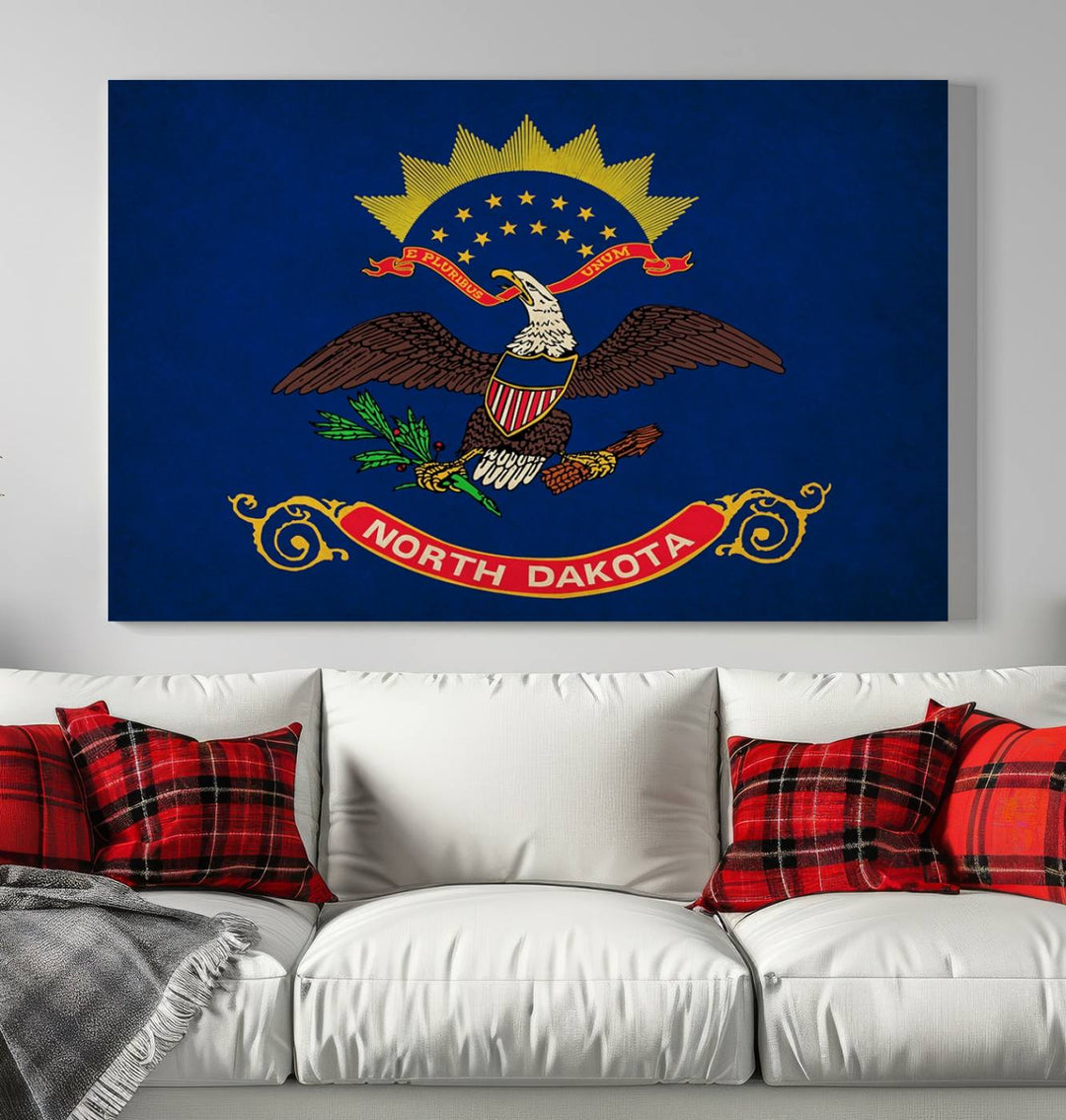 A North Dakota Flag Wall Art Canvas Print, crafted with museum-quality canvas and a UV-protective coating, adorns the wall.