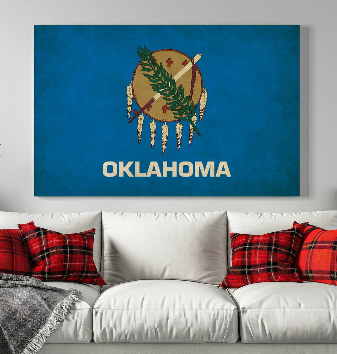 An Oklahoma States Flag Wall Art Canvas Print is displayed; this gallery-wrapped art piece is made on museum-quality canvas with a UV-protective coating to maintain its vibrant colors.