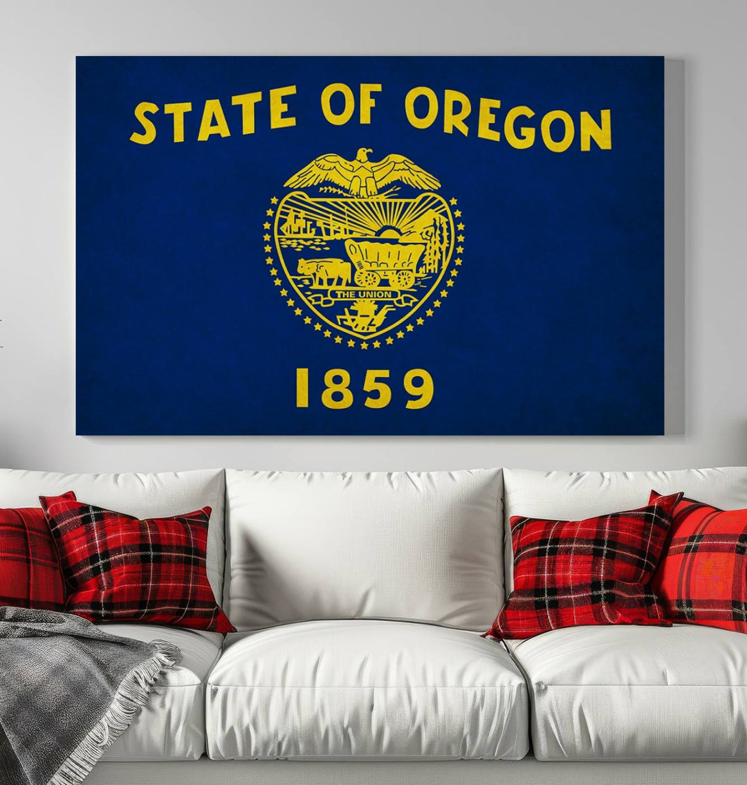 The Oregon State Flag Wall Art Canvas Print, featuring a blue flag with a yellow emblem and the "State of Oregon 1859" text, is a museum-quality piece. This canvas is hand-assembled and ready to hang, adding sophistication to any space.