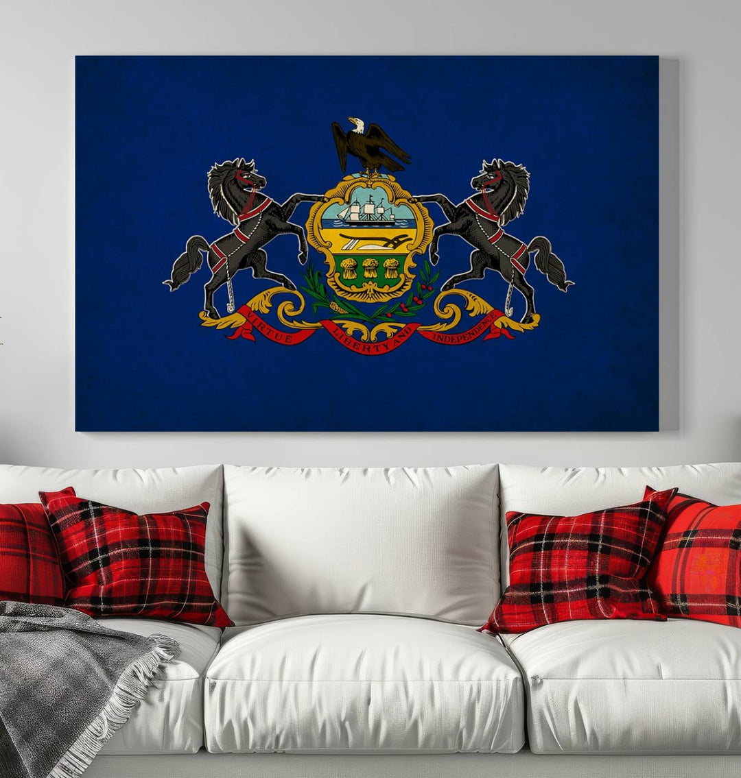 The beautifully displayed Pennsylvania States Flag Wall Art Canvas Print adorns the wall.