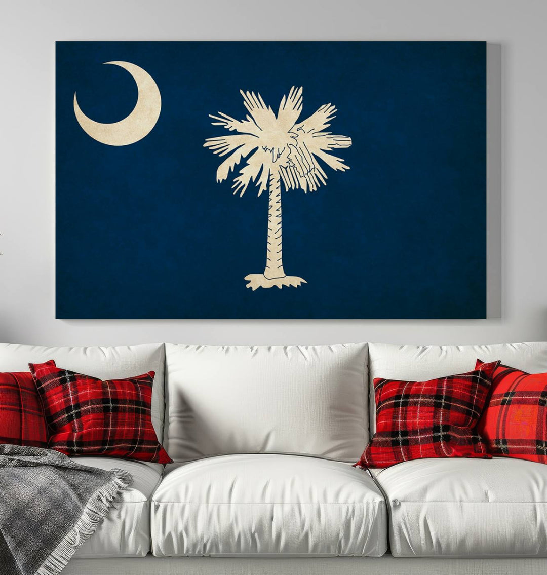 The "South Carolina States Flag Wall Art Canvas Print" is a framed artwork showcasing a crescent and palm tree on museum-quality polycotton canvas. This piece is gallery wrapped and includes a UV-protective coating to maintain its vivid colors.