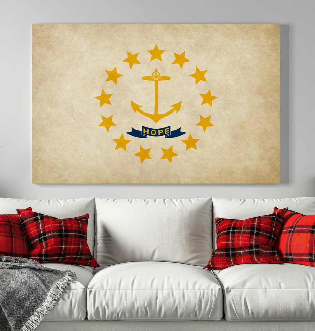 A gallery-wrapped, museum-quality canvas print of the "Rhode Island USA States Flag Wall Art" is displayed.