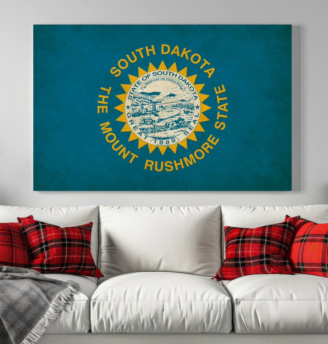 The South Dakota State Flag Wall Art Canvas Print is elegantly showcased on the wall.