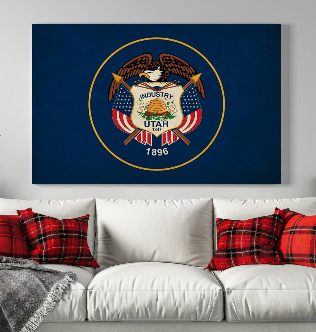 The Utah State Flag Wall Art Canvas Print is elegantly gallery wrapped for a sophisticated touch.