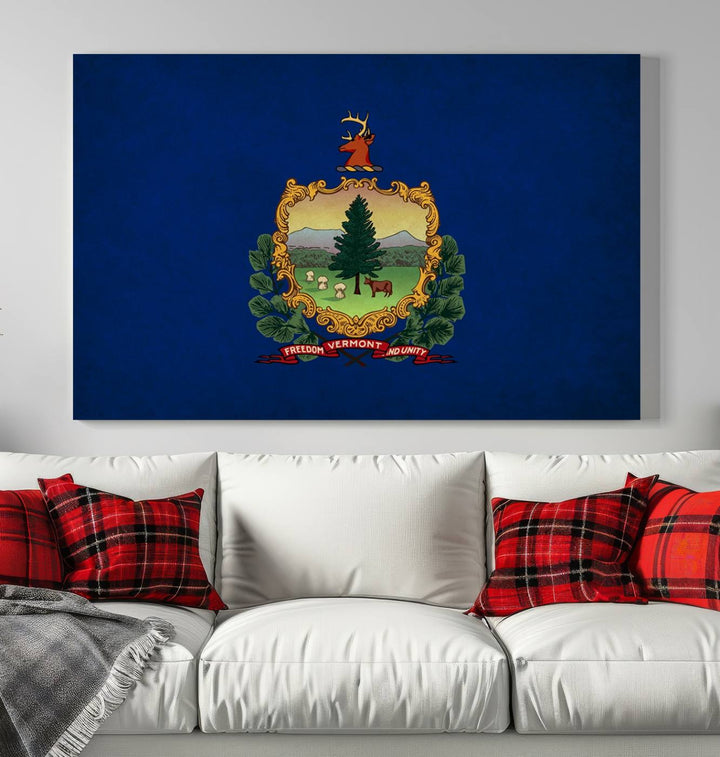 The Vermont Flag Wall Art Canvas Print is a museum-quality piece enhanced with UV-protective finishes, offering both style and durability. Enjoy free shipping on this classic decor addition.