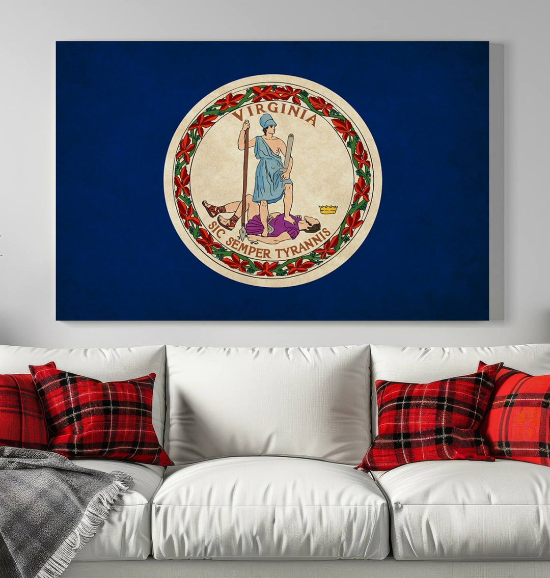 A captivating Virginia States Flag Wall Art Canvas Print is displayed, boasting a UV-protective coating to ensure it remains vibrant and timeless in any setting.