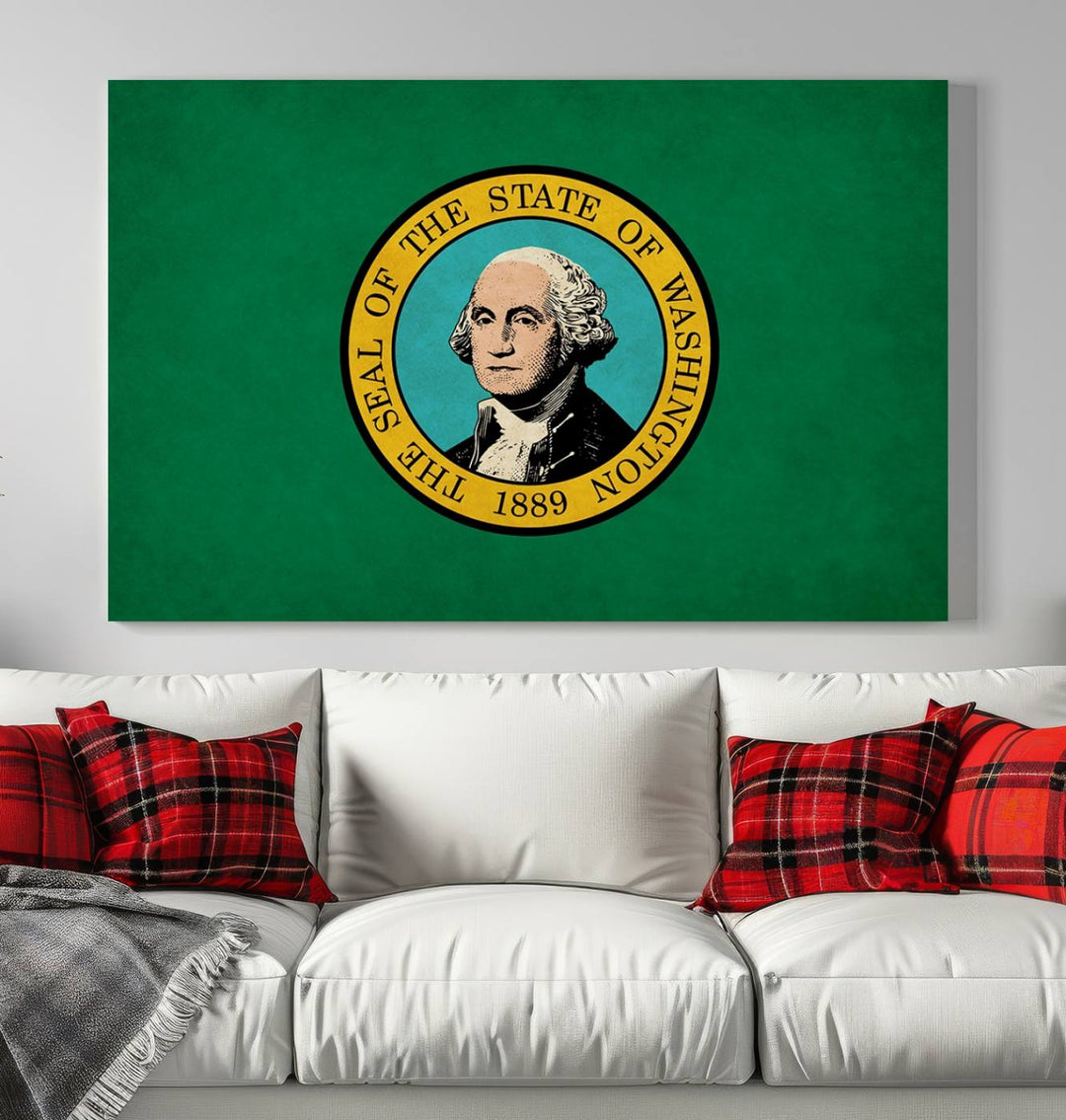 A Washington State Flag Wall Art Canvas Print in green is elegantly displayed.