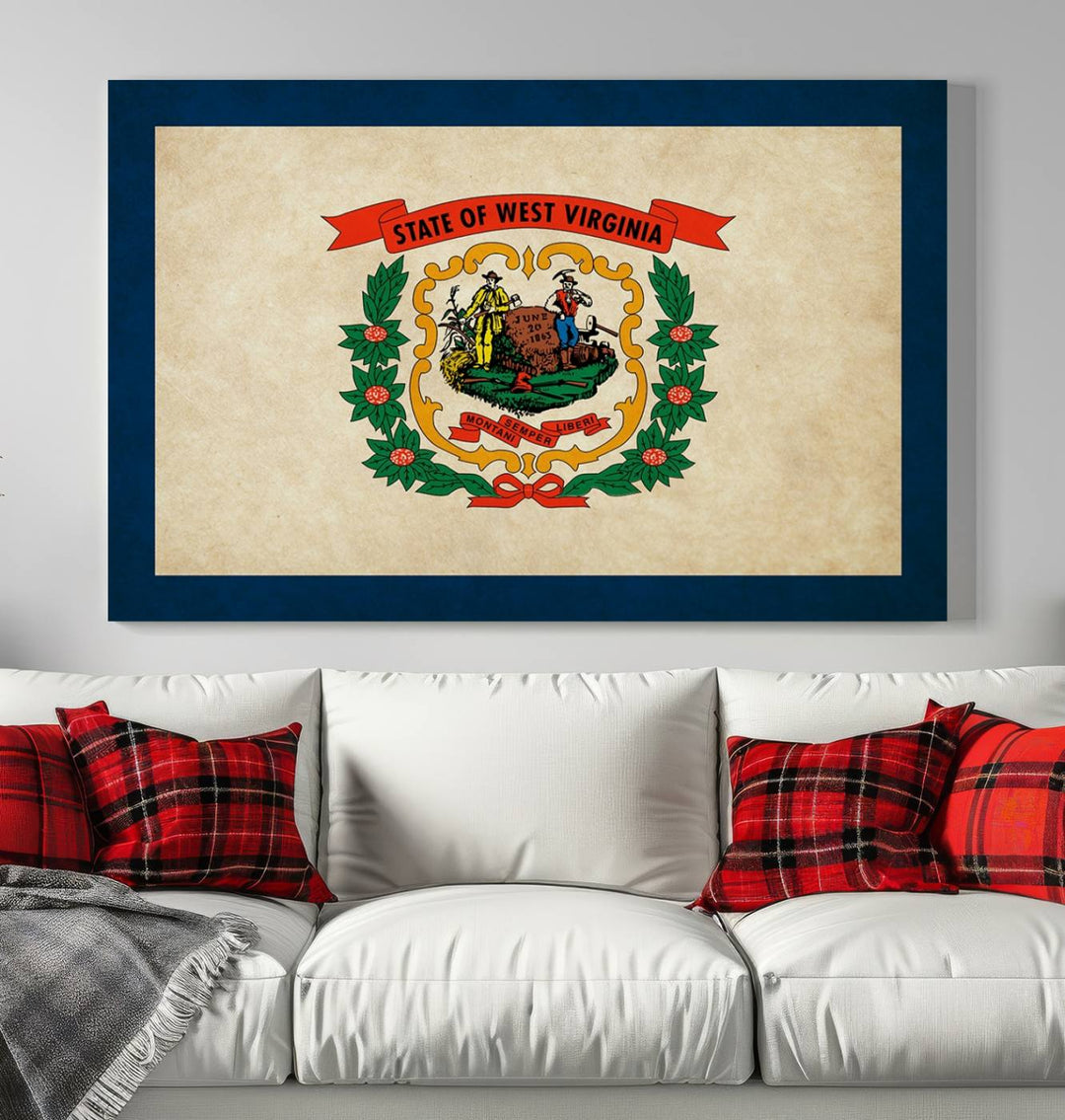 A West Virginia States Flag Wall Art Canvas Print graces the wall with its exquisite design. This piece features a UV-protective coating and is delivered with free shipping.