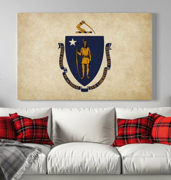 The Massachusetts State of Flag Wall Art Canvas Print, handcrafted on a museum-quality canvas with UV-protective coating, decorates the wall. It is ready to hang and adds a touch of elegance to the space.