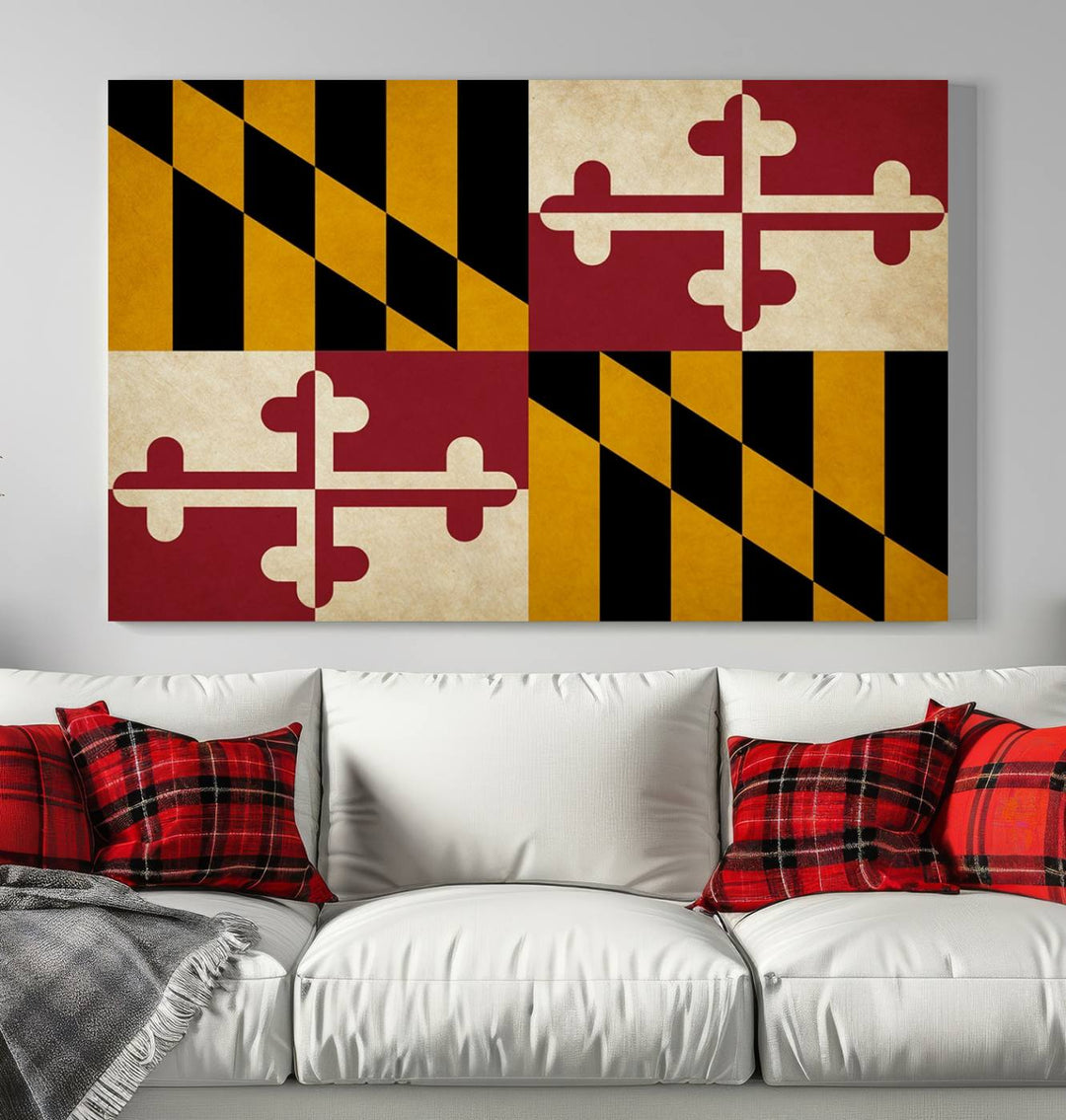 The Maryland Flag Wall Art Canvas Print, boasting a UV-protective coating for vibrant colors and durability, is a museum-quality piece offered with free shipping, making it the perfect addition to your space.