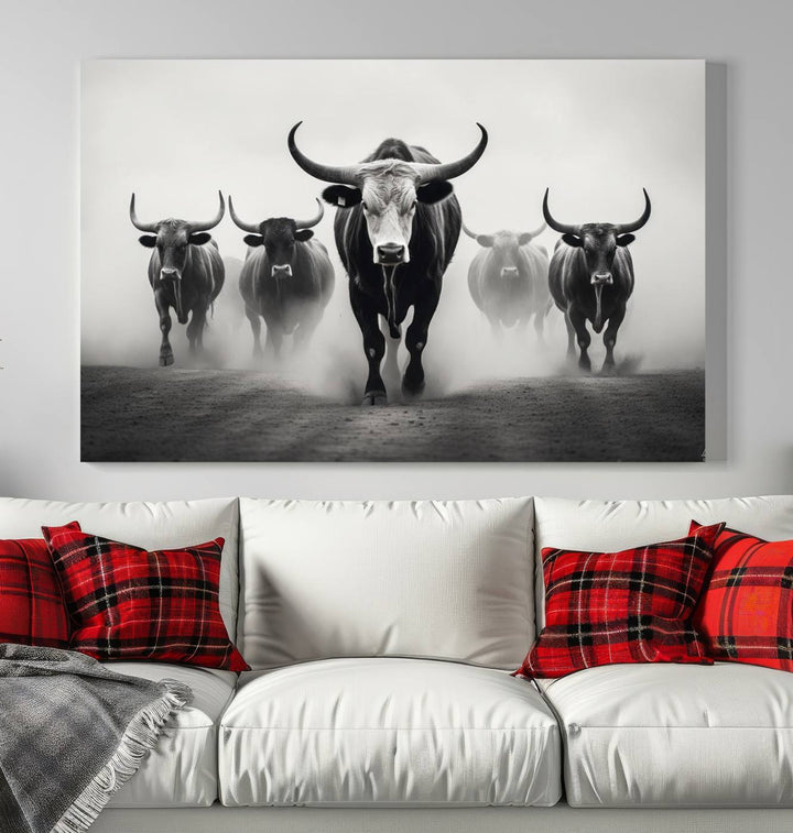 The Texas Longhorn Cow Animal Wall Art Canvas Print beautifully embellishes the area with its depiction of longhorn cattle in a misty setting, seamlessly integrating Western decor into the space.