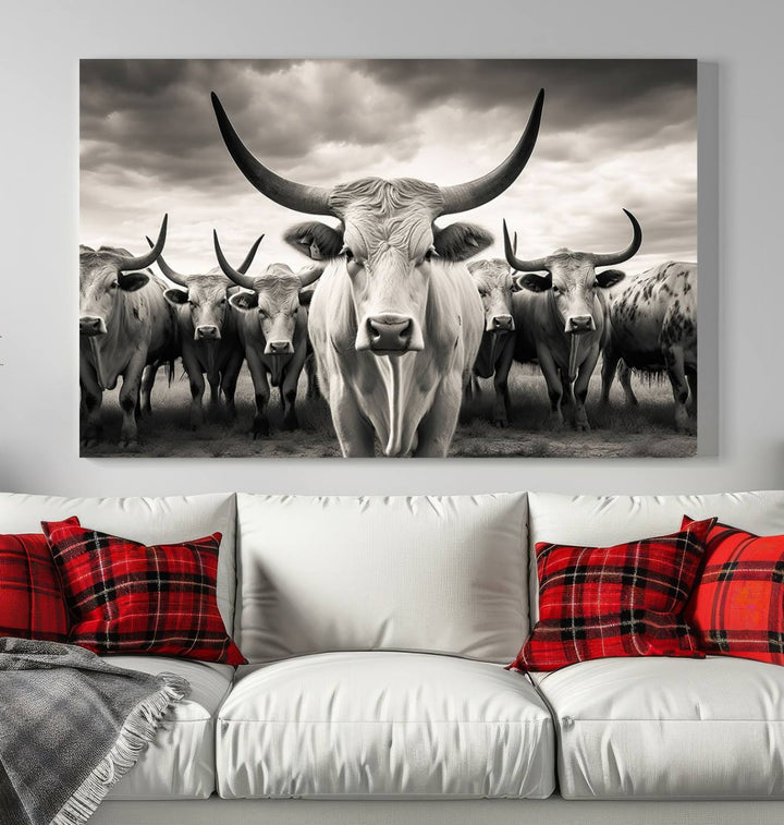 A Texas Longhorn Cow Animal Wall Art Canvas Print introduces a Western-themed accent.