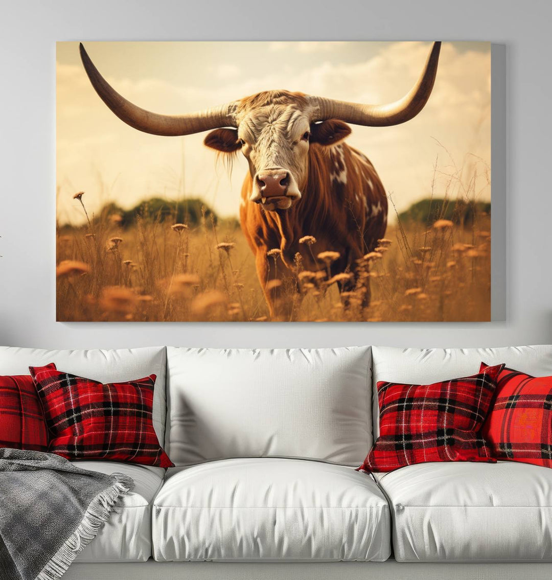 Cow Bighorn Wall Art Canvas Print, Longhorn Texas Cow Animal Canvas Print