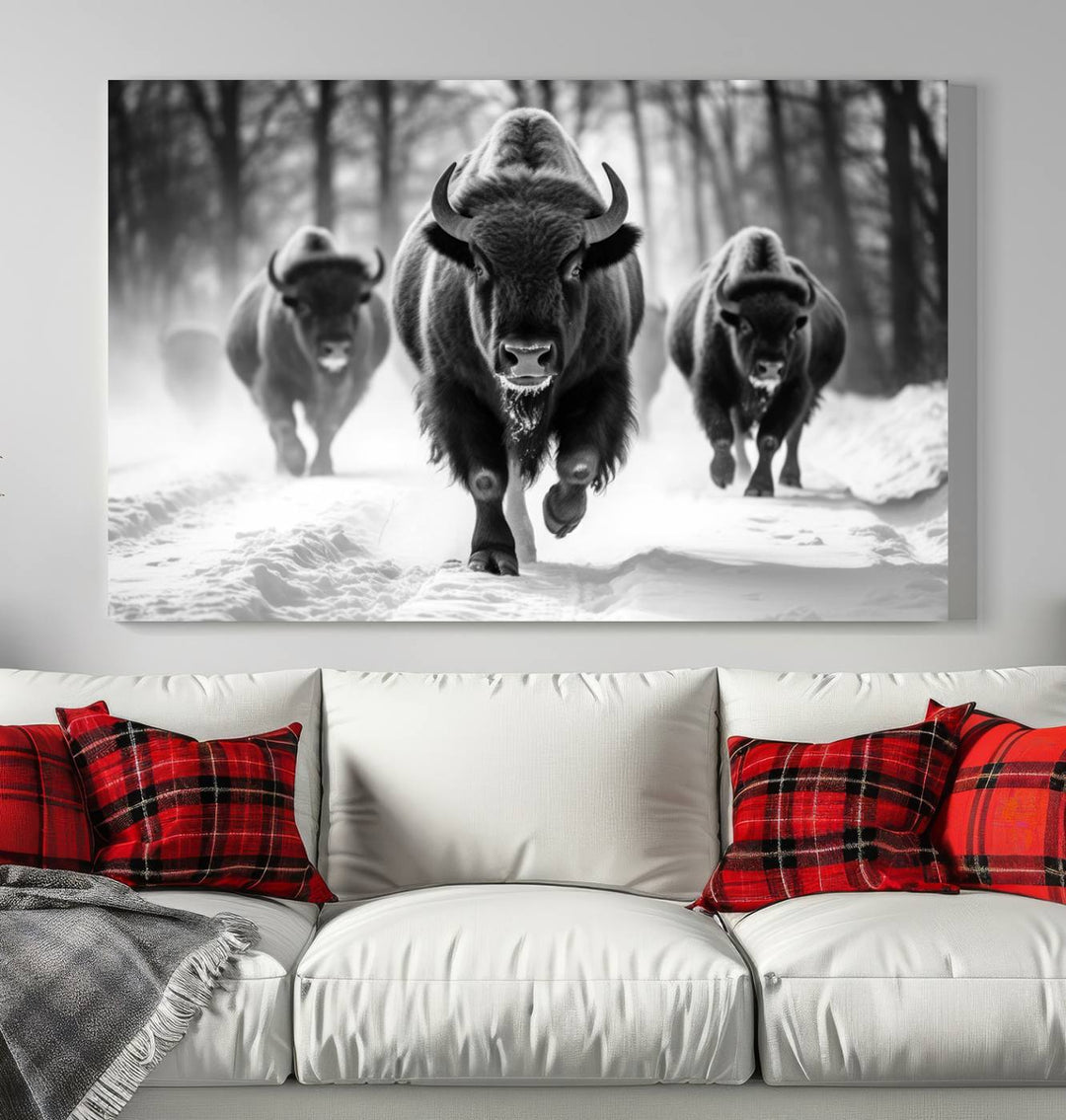 Transform your living room with the Buffalo Wall Art Canvas Print triptych, showcasing a bison family in motion across a snowy landscape. This striking Western decor piece becomes the focal point of any room.